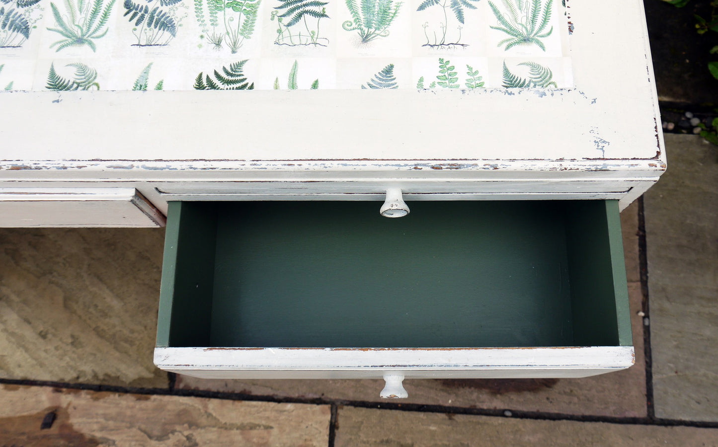 Vintage writing desk painted in chippy miss mustard seed milk paint grain sack grey layered with Bergere and a botanical fern design