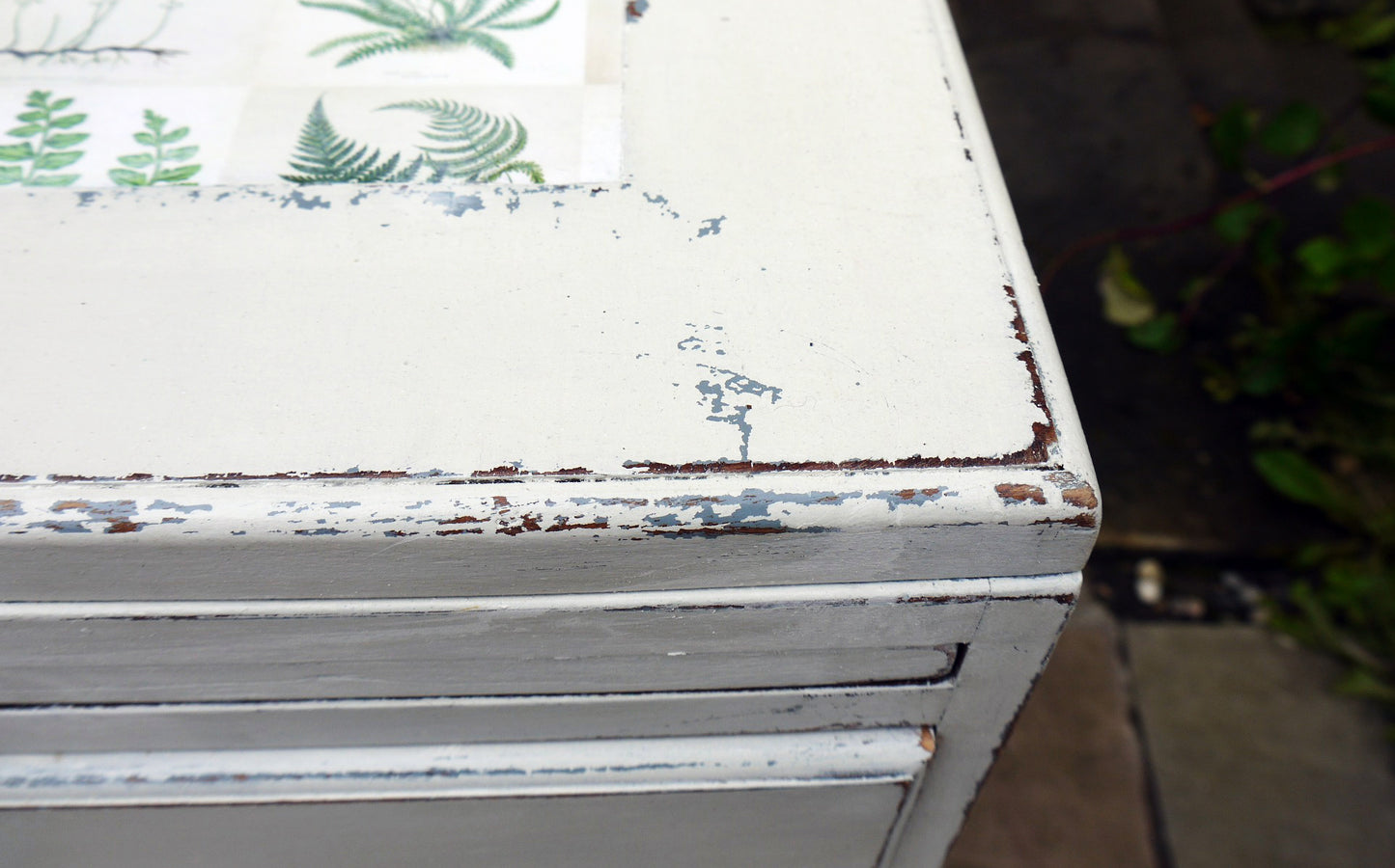 Vintage writing desk painted in chippy miss mustard seed milk paint grain sack grey layered with Bergere and a botanical fern design