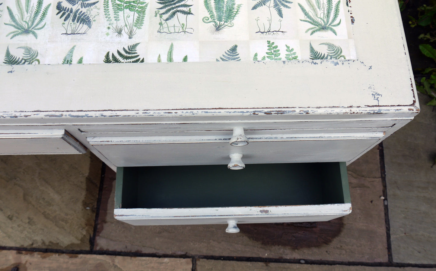 Vintage writing desk painted in chippy miss mustard seed milk paint grain sack grey layered with Bergere and a botanical fern design