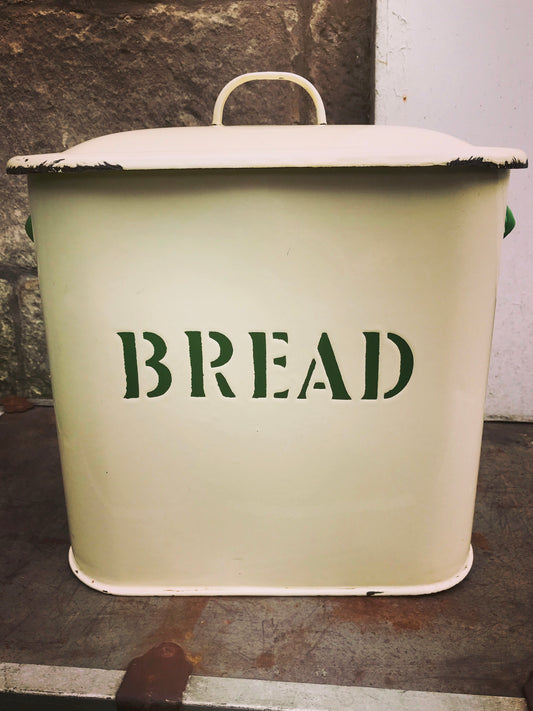 Gorgeous big vintage cream and green enamel bread bin