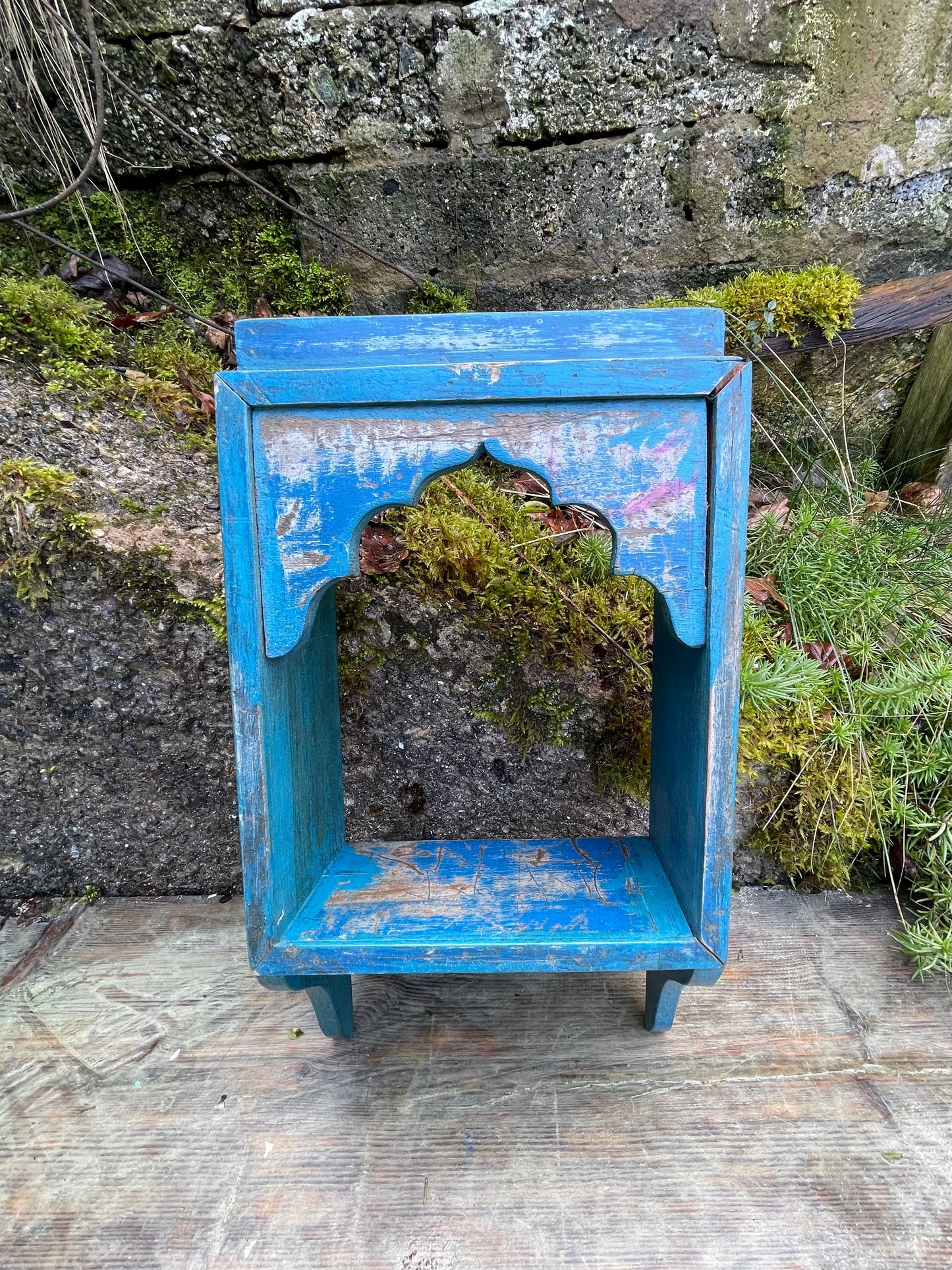 Antique wooden Indian single wall shelf with original paintwork