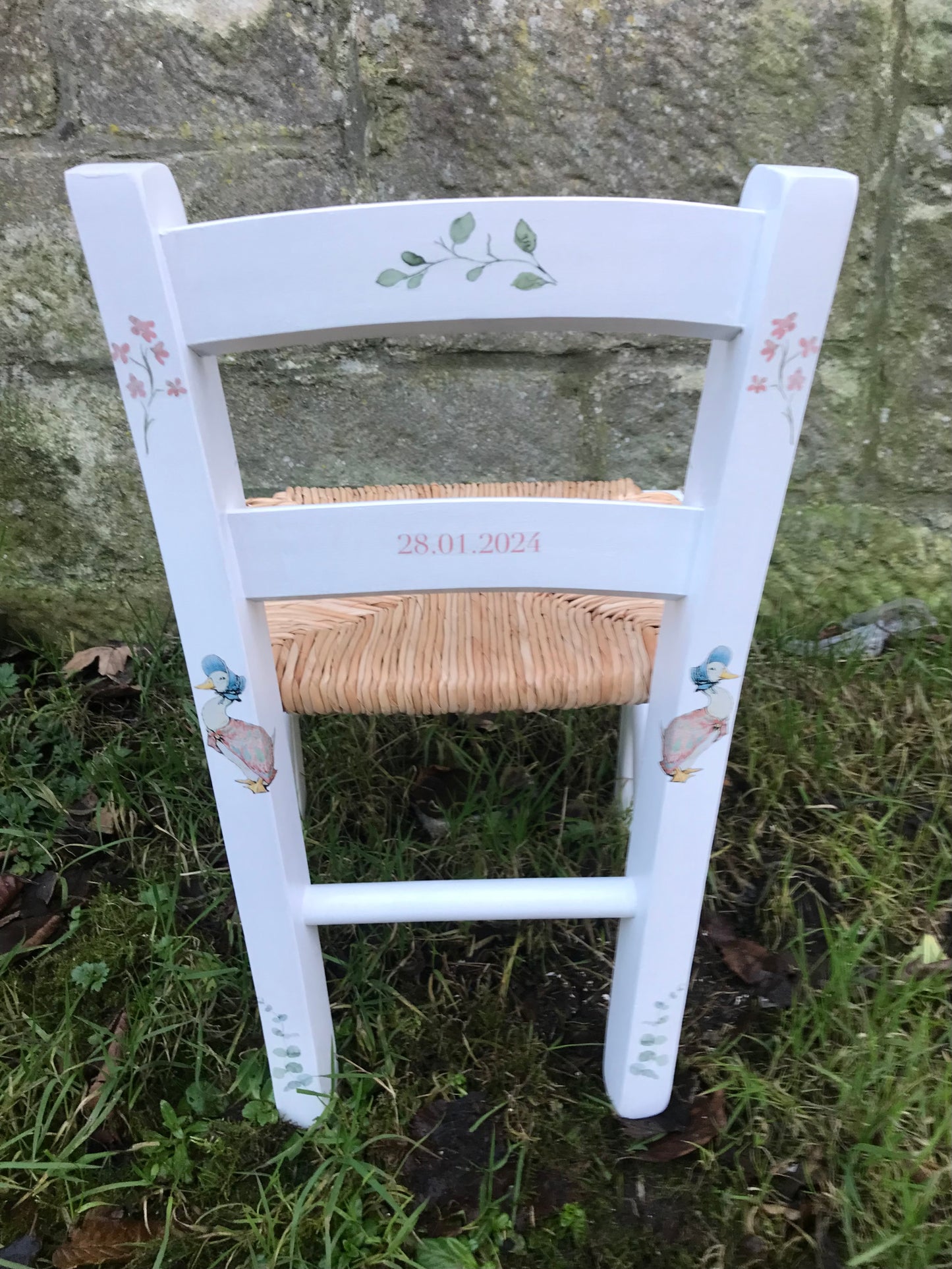 Rush seat personalised children's chair -  Beatrix Potter Jemima Puddleduck - made to order