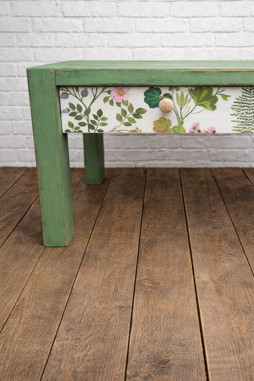 Bedside table painted in Layers of Annie Sloan Chalk paint with decoupaged drawer