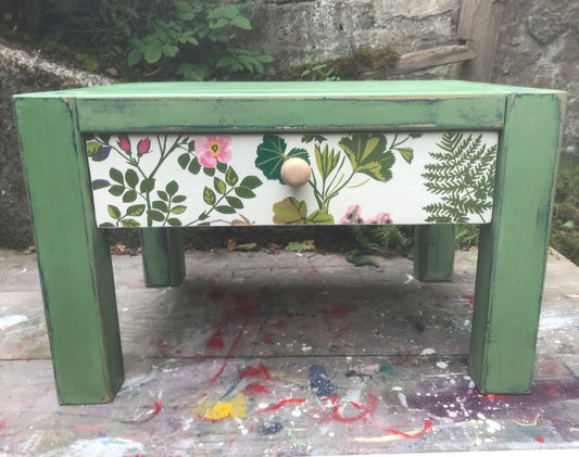Bedside table painted in Layers of Annie Sloan Chalk paint with decoupaged drawer
