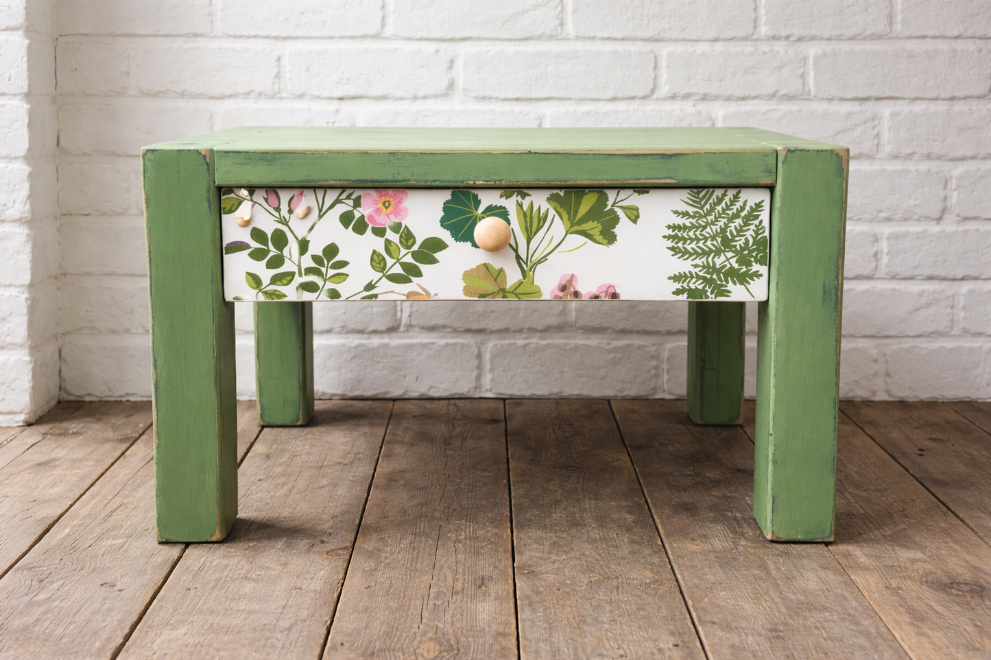 Bedside table painted in Layers of Annie Sloan Chalk paint with decoupaged drawer