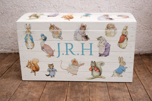 Children's decoupaged personalised wooden storage chest / trunk with Beatrix Potter theme
