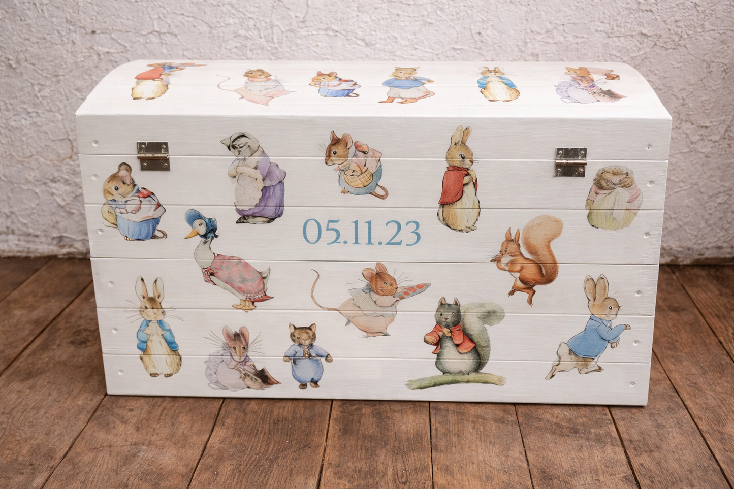 Children's decoupaged personalised wooden storage chest / trunk with Beatrix Potter theme