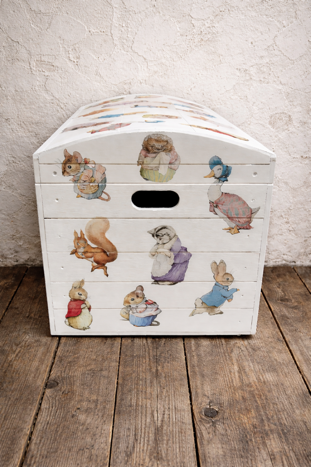 Children's decoupaged personalised wooden storage chest / trunk with Beatrix Potter theme