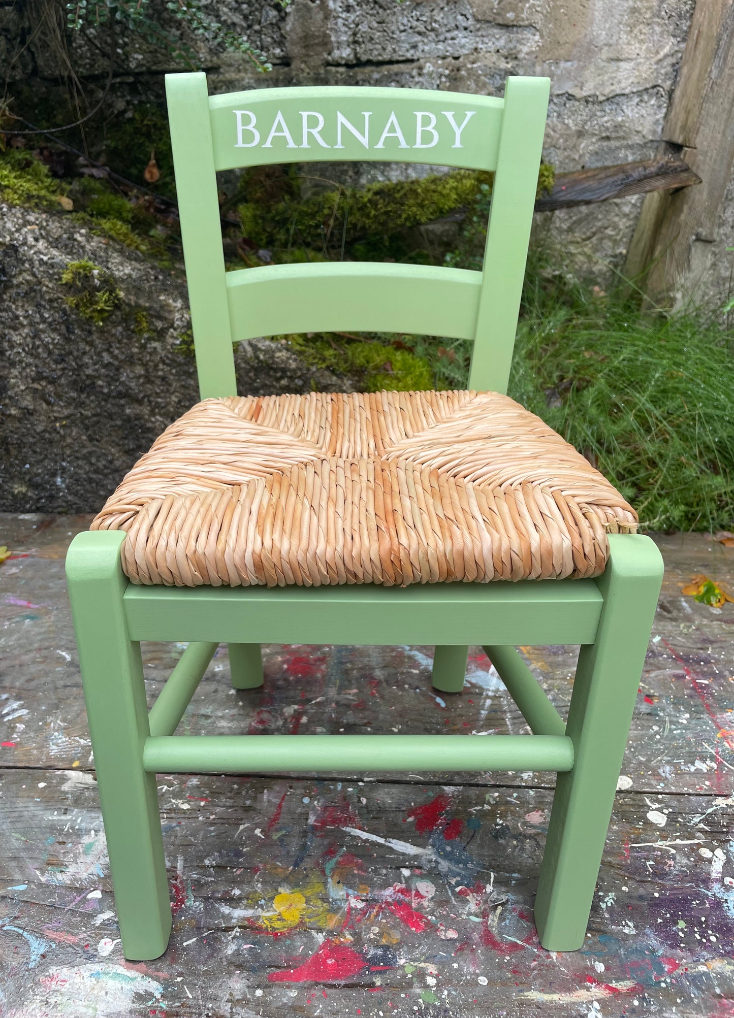 Children's personalised hand painted wooden rush seat chair with your child's initials or name and date of birth - painted to order