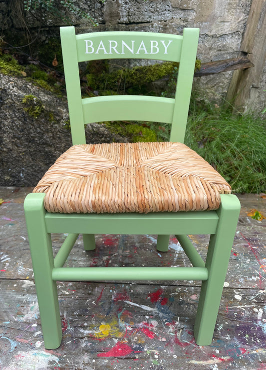 Children's personalised hand painted wooden rush seat chair with your child's initials or name and date of birth - painted to order