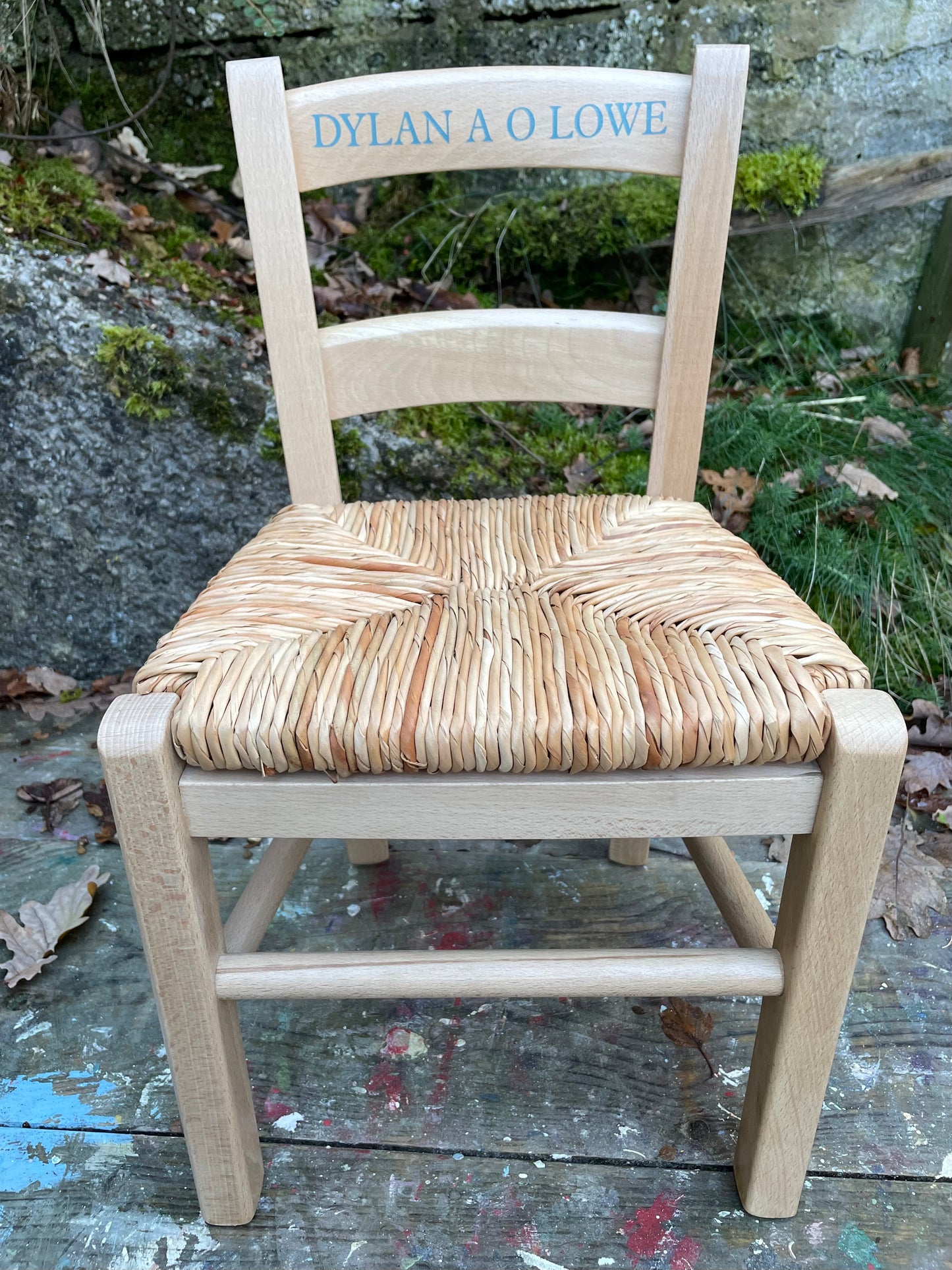 Children's personalised varnished beech wood school chair with your child's initials or name and date of birth - painted to order