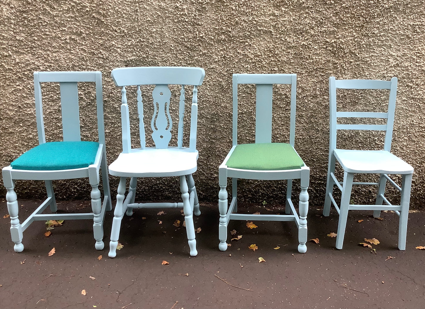 Handpainted mismatched vintage dining chairs in Little Greene Paint