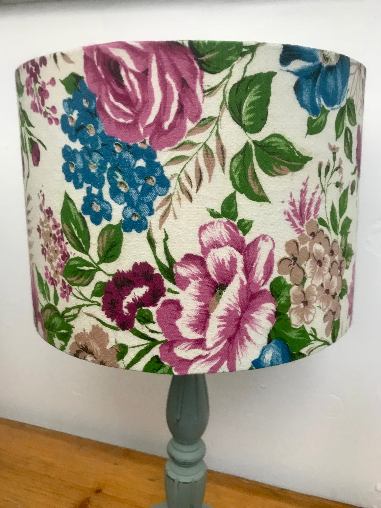 Hand rolled table or standard lampshade in vintage barkcloth 1950’s bright floral fabric