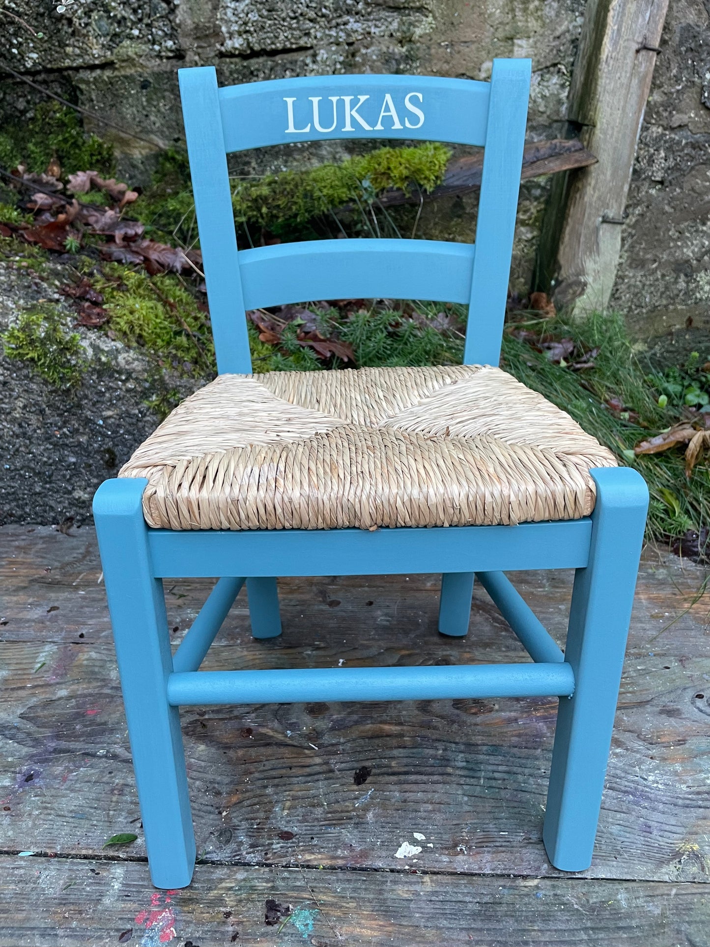 Children's personalised hand painted wooden rush seat chair with your child's initials or name and date of birth - painted to order