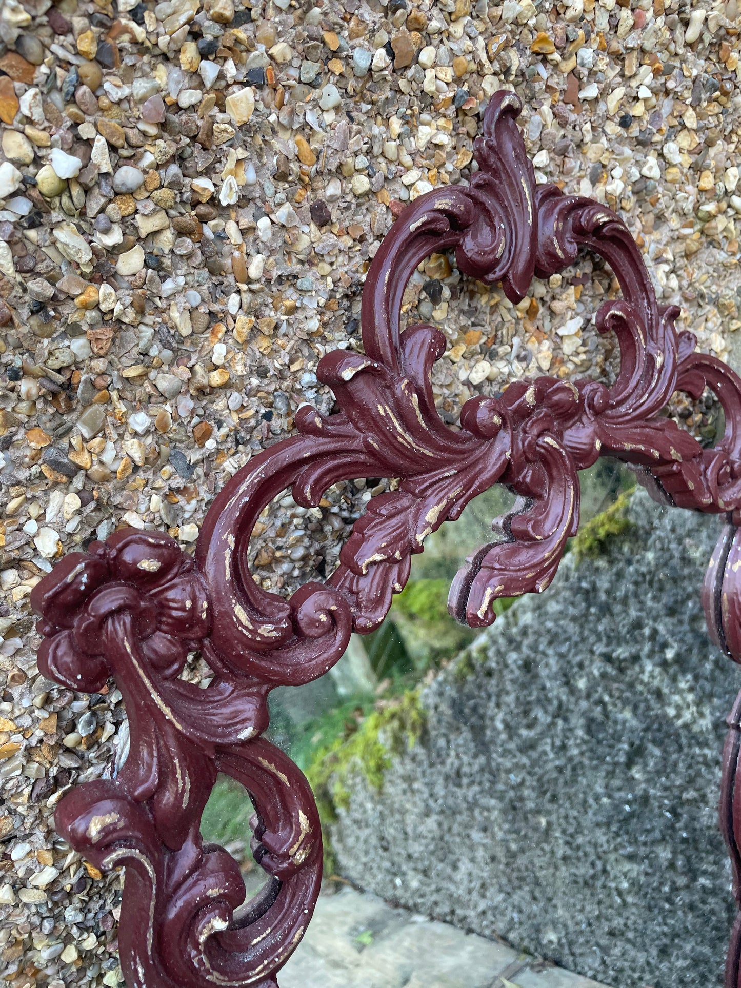 Ornate reproduction vintage plastic moulded  mirror painted in a deep dark burgundy