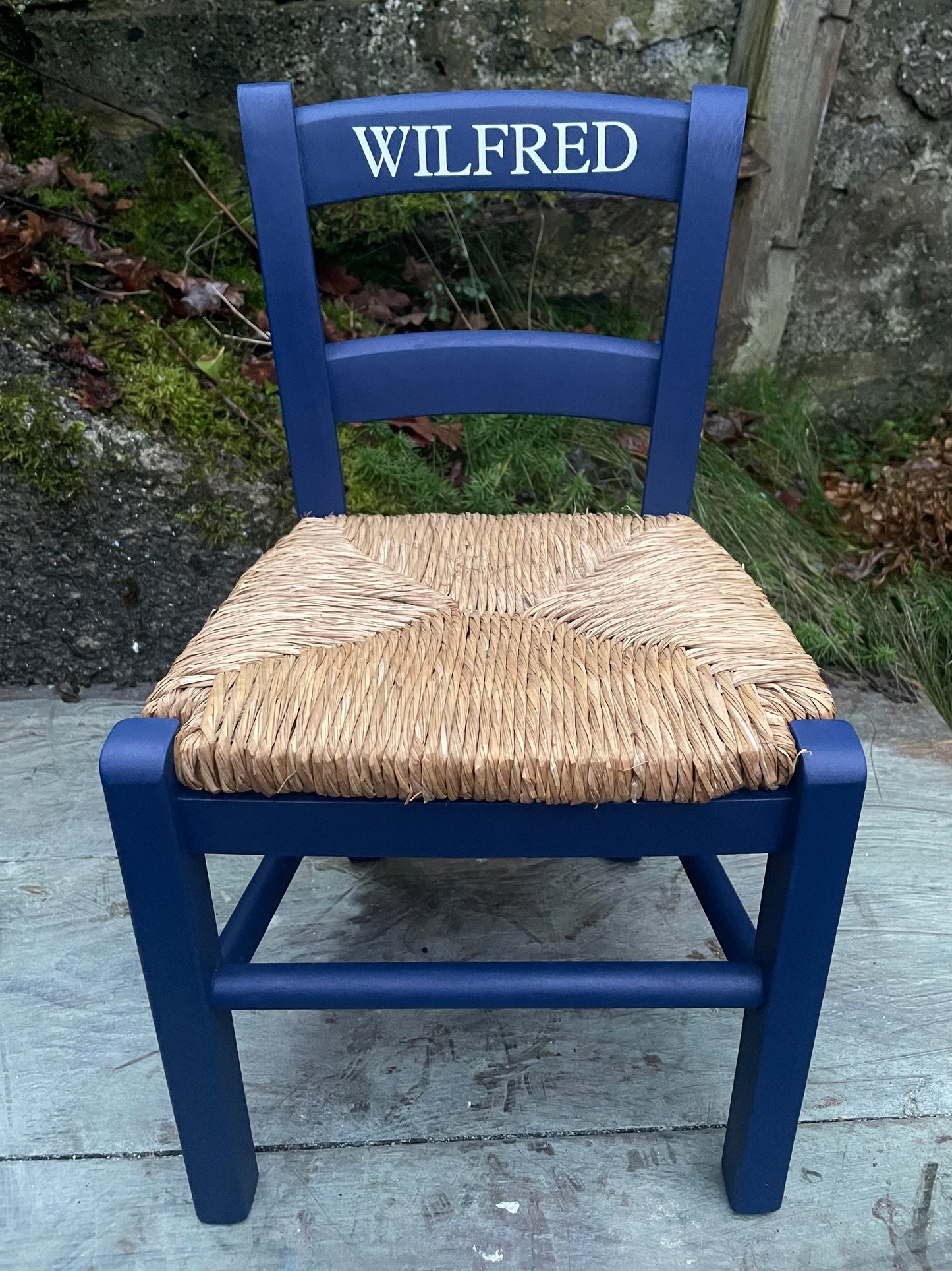 Children's personalised hand painted wooden rush seat chair with your child's initials or name and date of birth - painted to order