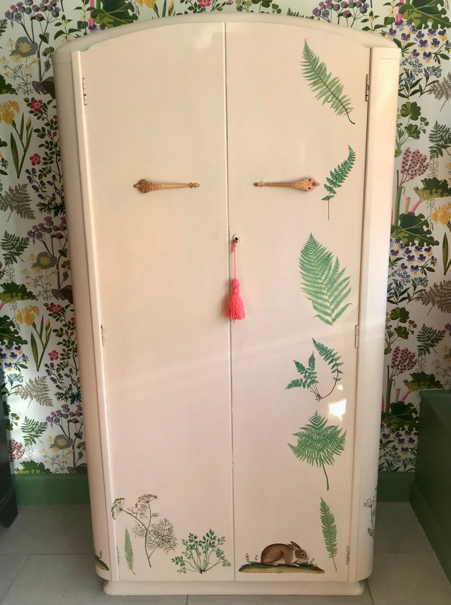Vintage Art Deco single wardrobe painted in soft peachy apricot