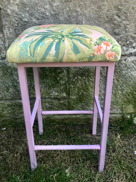 Vintage metal stool with tropical velvet seat pad