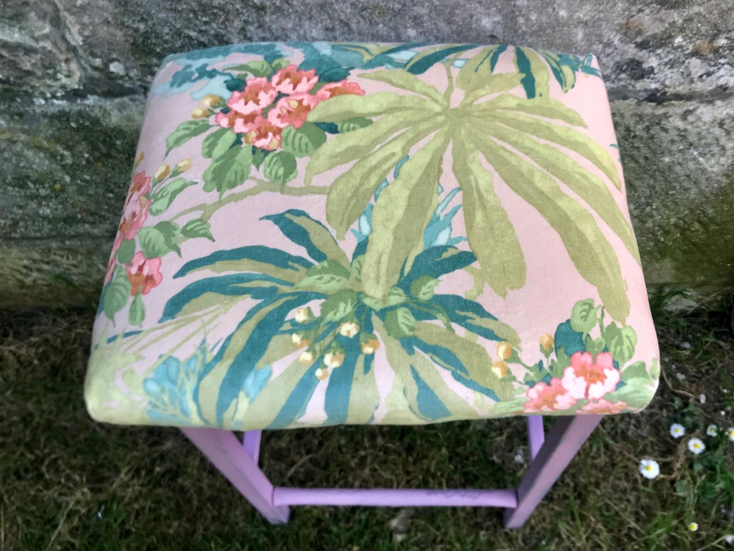 Vintage metal stool with tropical velvet seat pad