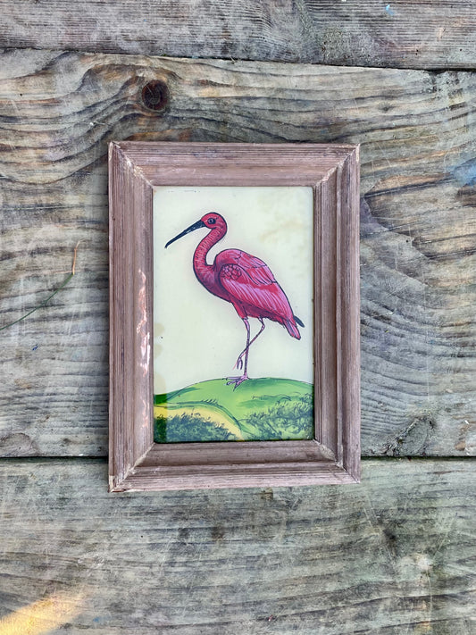 Vintage glass painting of a flamingo in a beautiful original frame