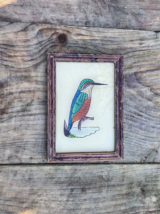 Vintage glass painting of a kingfisher in a beautiful original frame