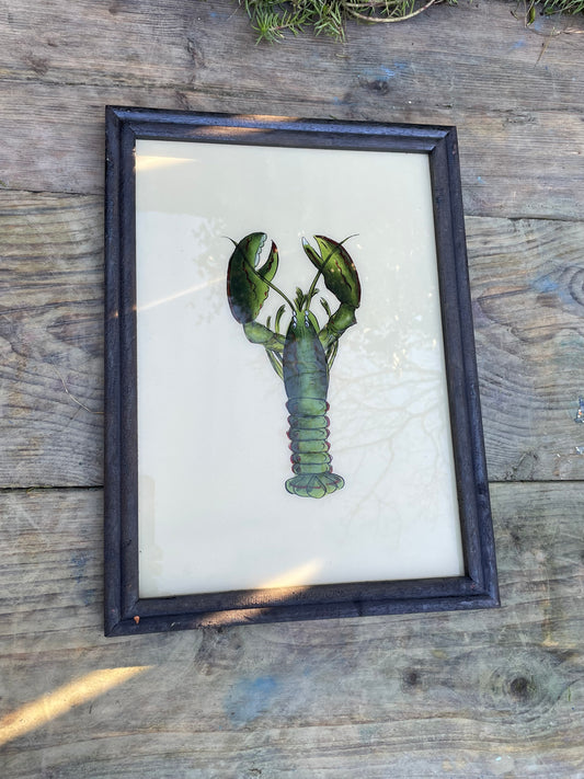 Large Vintage glass painting of a lobster in a beautiful original frame