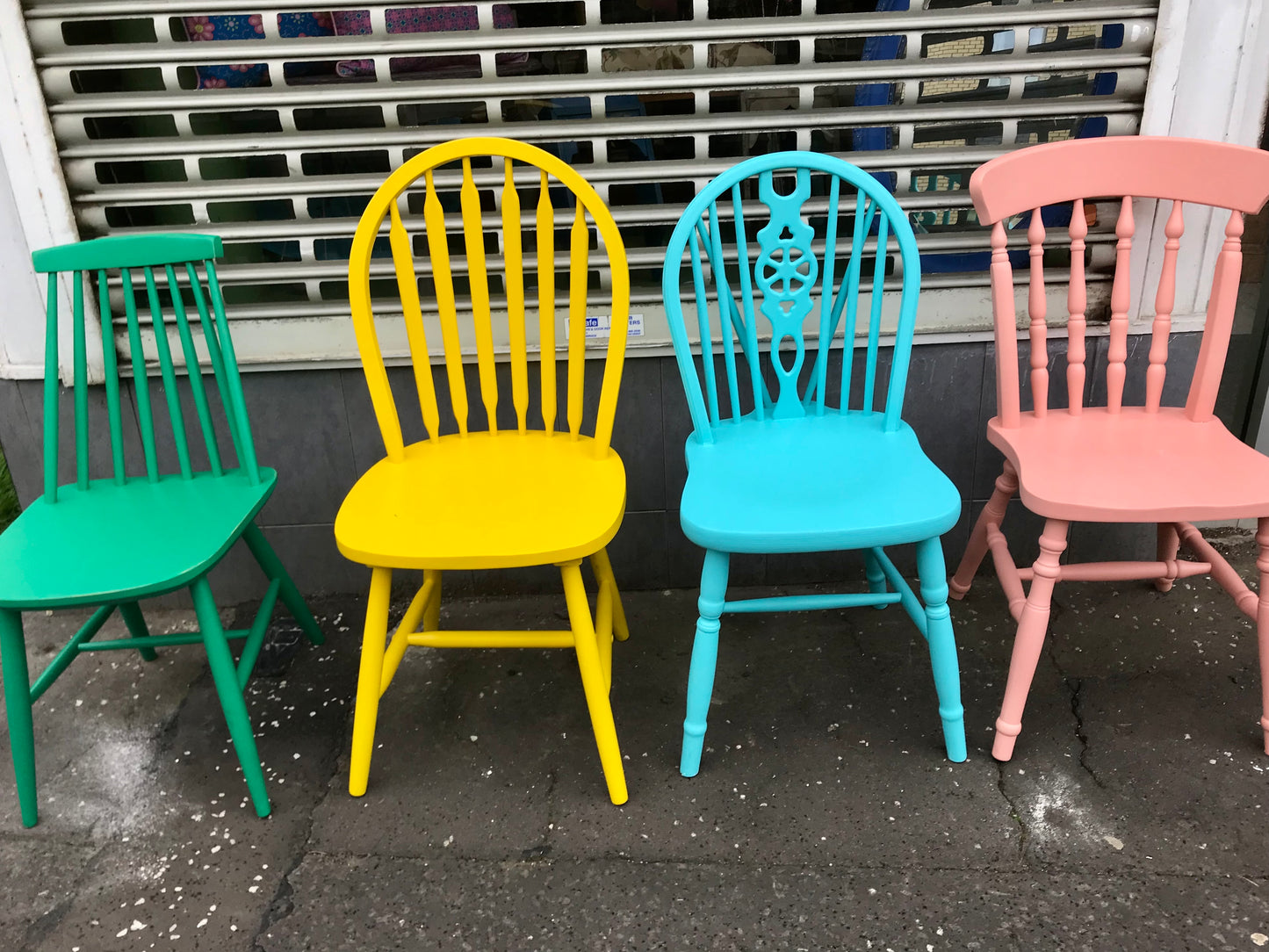 Brights Handpainted Mismatch vintage dining chairs in vivid colours