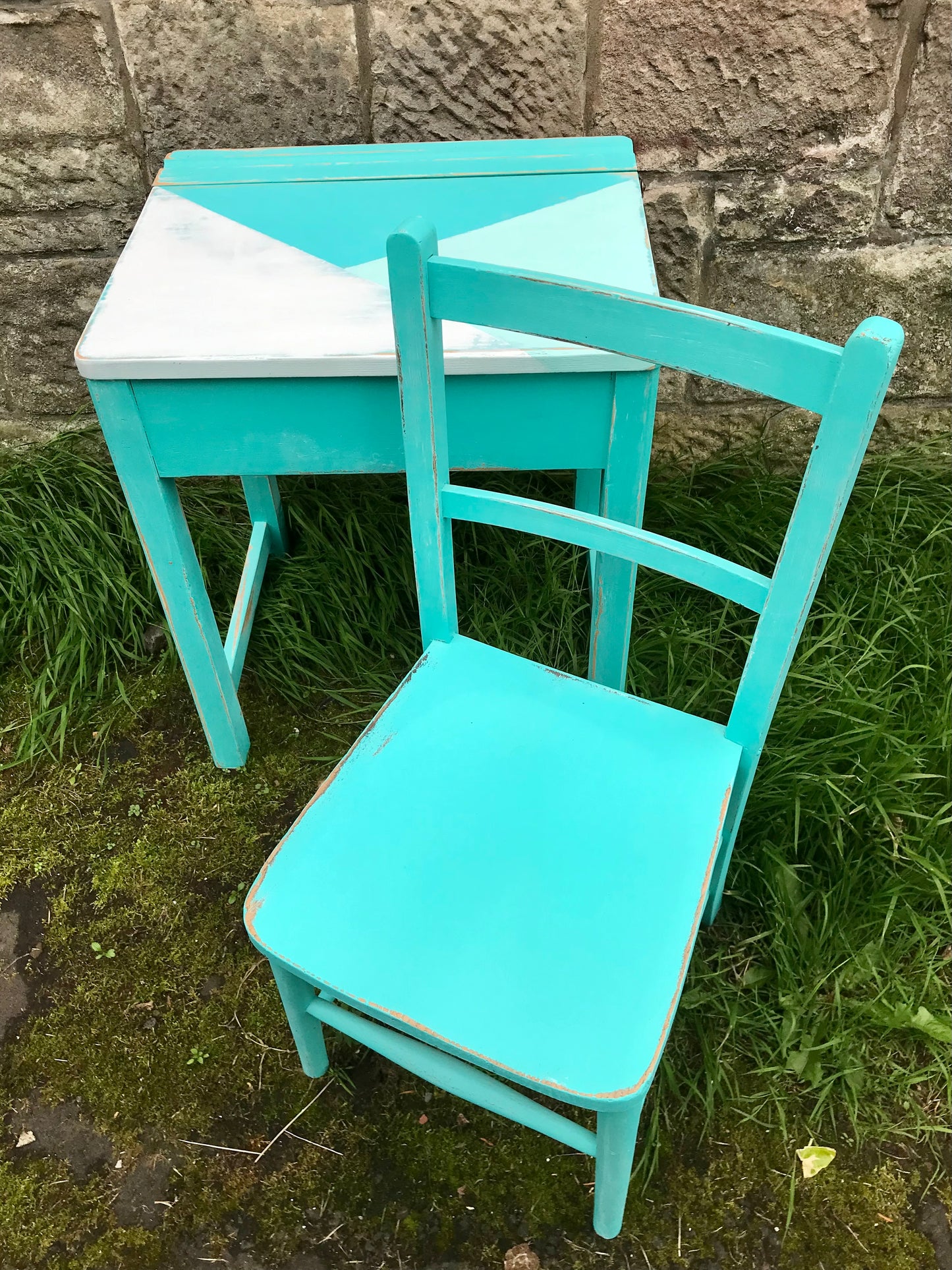 Children's painted desk in geometric blues and white - Please contact me for a shipping quote