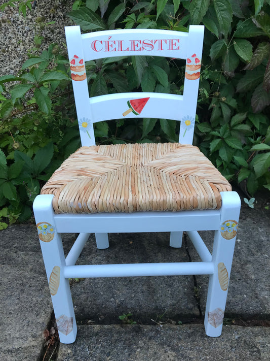 Rush seat personalised children's chair - Picnic theme - made to order