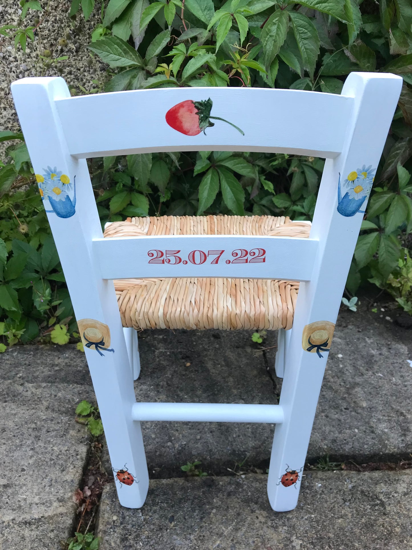 Rush seat personalised children's chair - Picnic theme - made to order