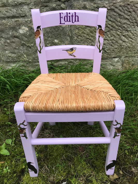 Rush seat personalised children's chair - British Birds theme - made to order