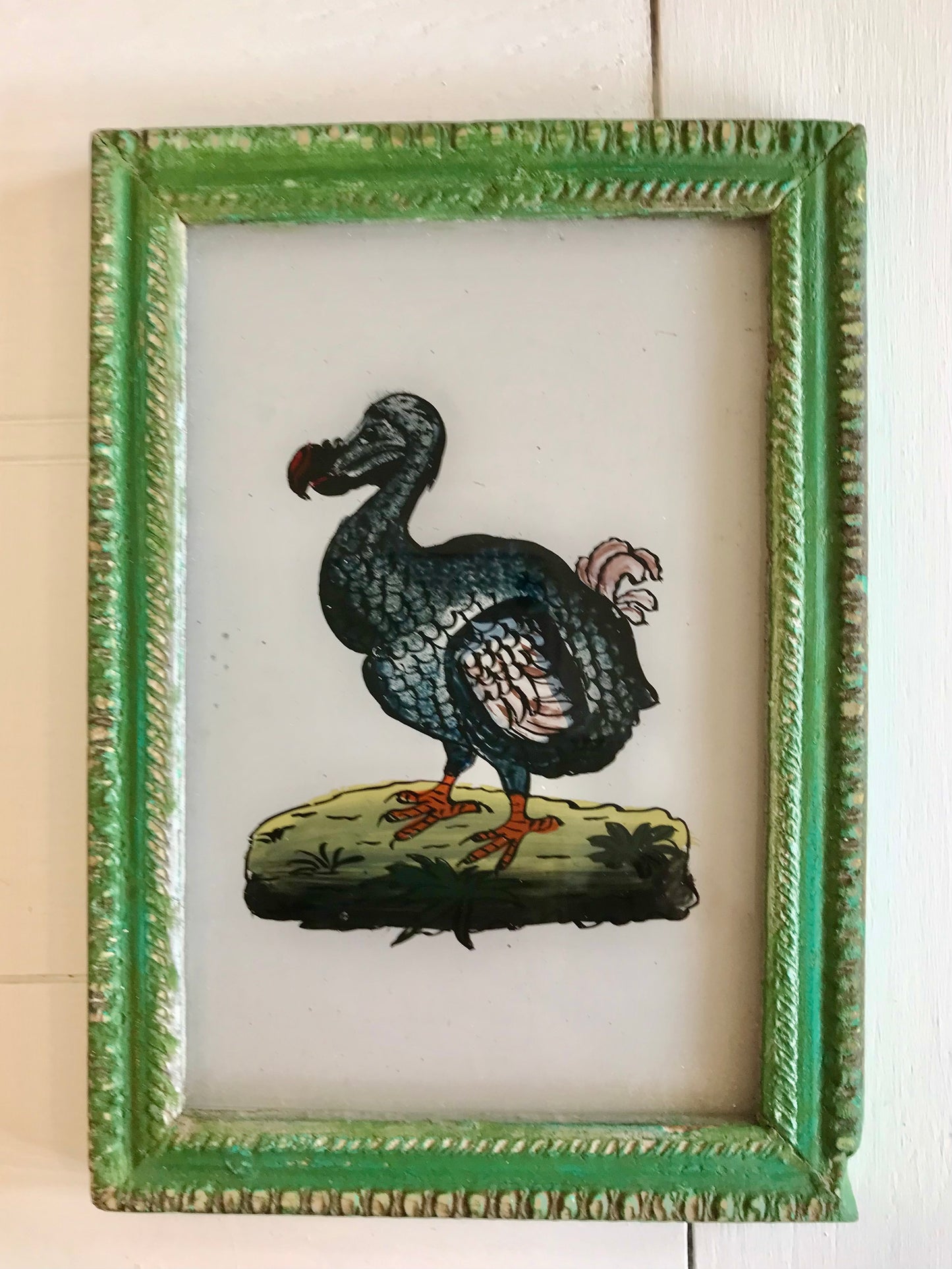 Vintage glass painting of a Dodo in a beautiful original frame