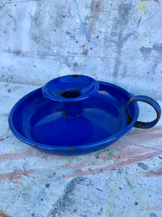 Vintage blue enamelware candle holder