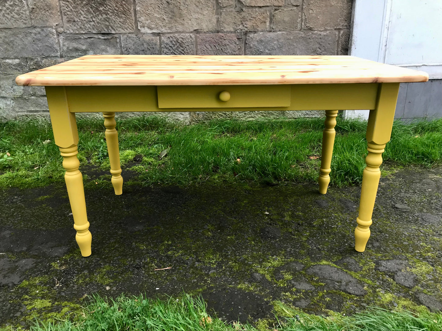 Pine dining table with drawer painted  in yellow Miss Minton