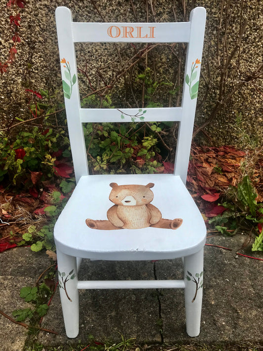 Children's personalised upcycled wooden nursery school chair with little bear theme and your child's name