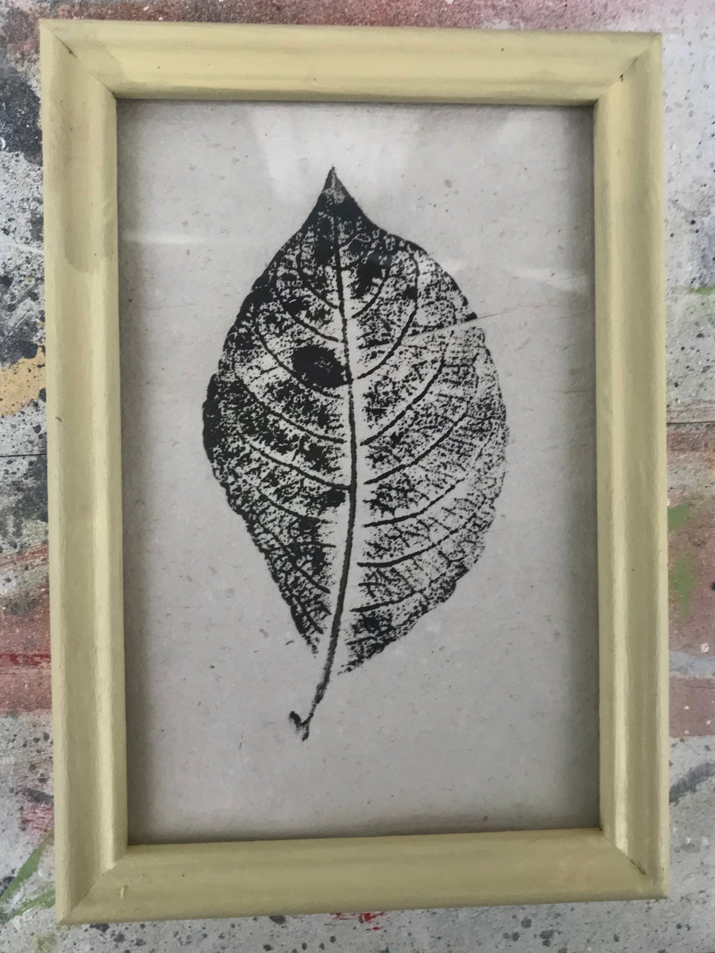 Leaf Monoprint in a vintage painted picture frame in yellow