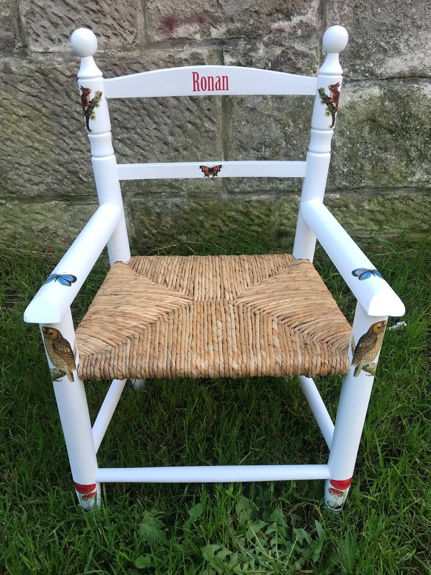 Rush seat personalised children's chair - vintage woodland theme - made to order