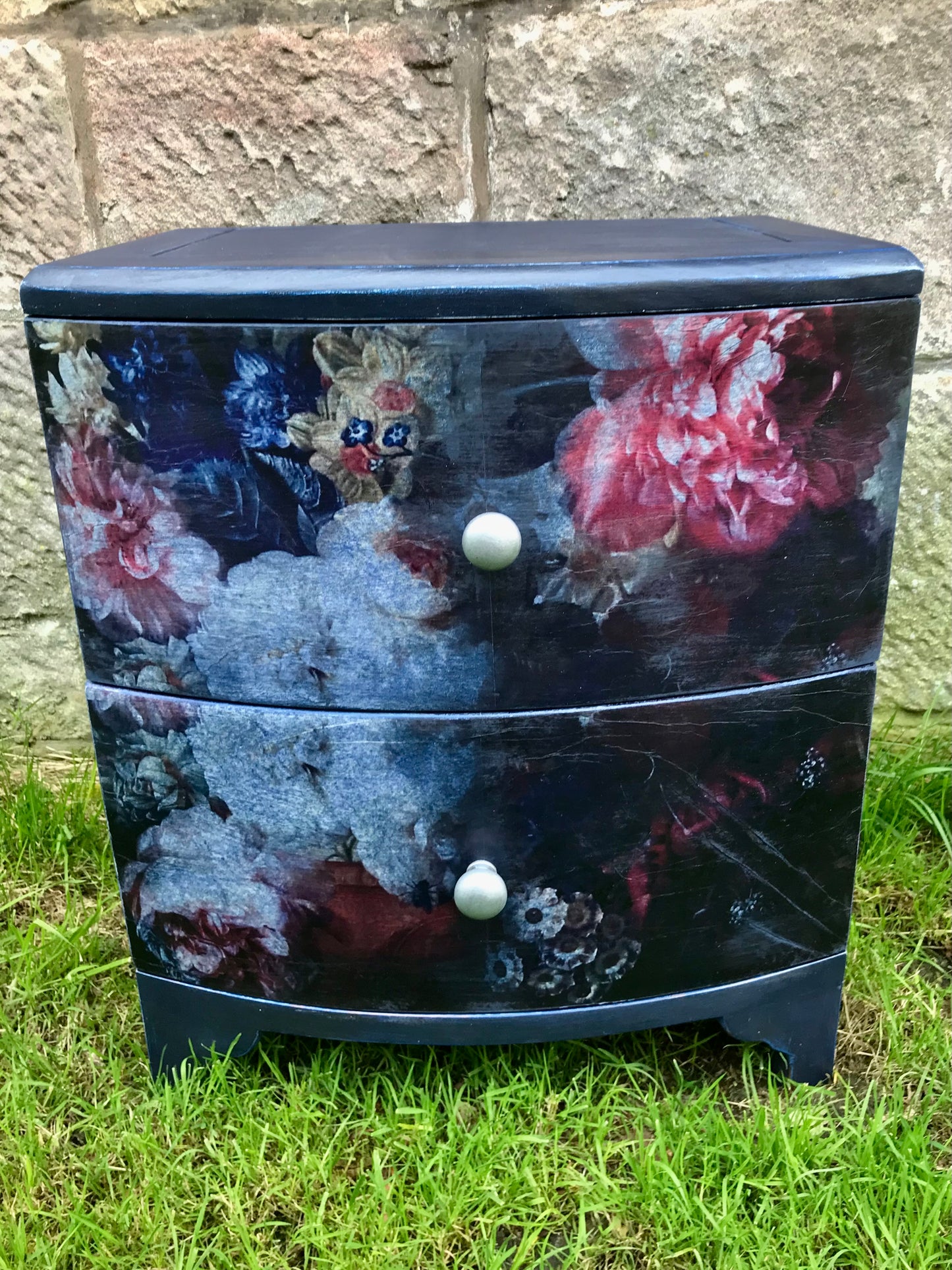 Bedside table painted in layers of Annie Sloan Chalk Paint with floral decoupage