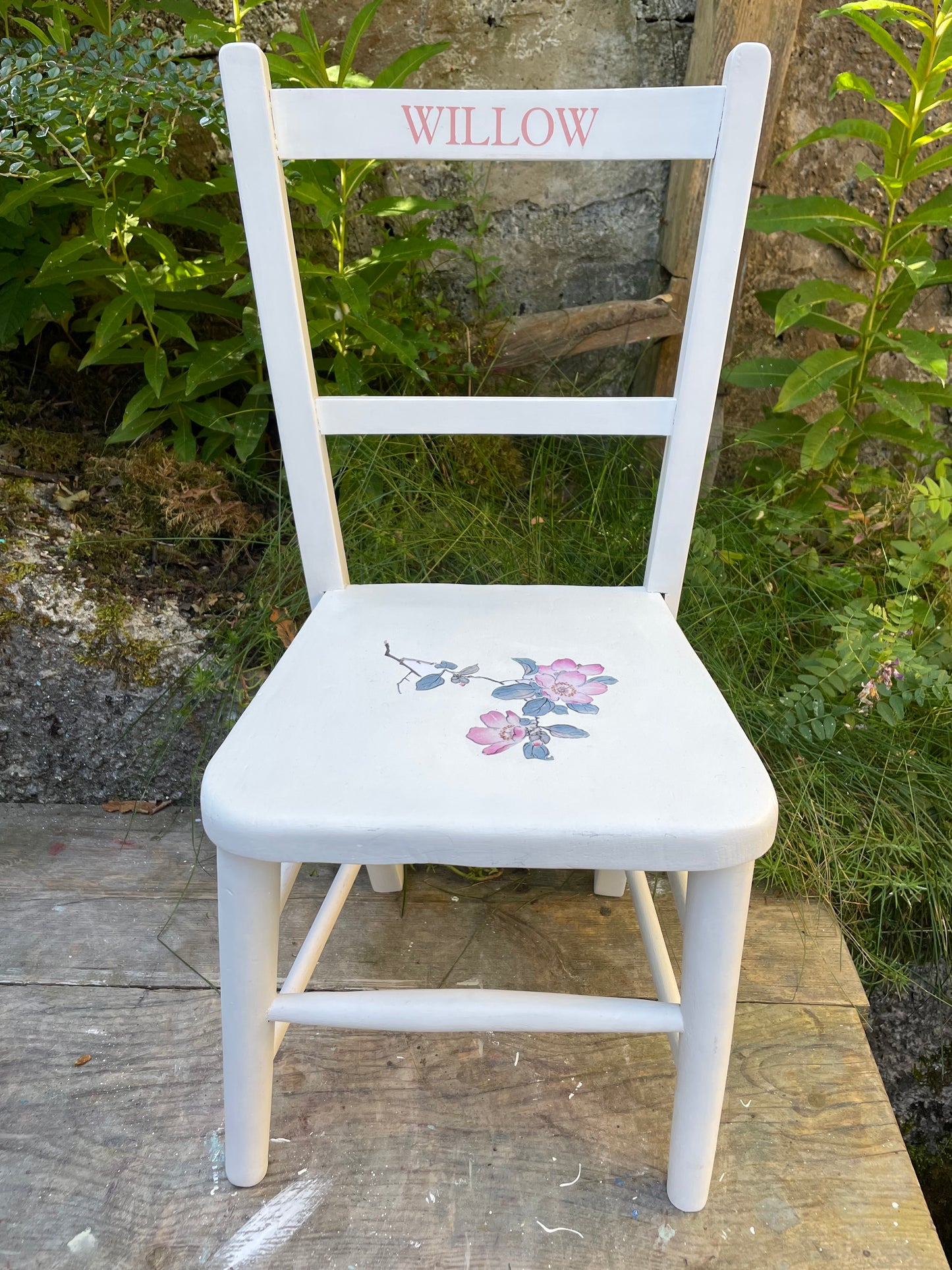 Children's personalised vintage school chair with vintage flower theme.