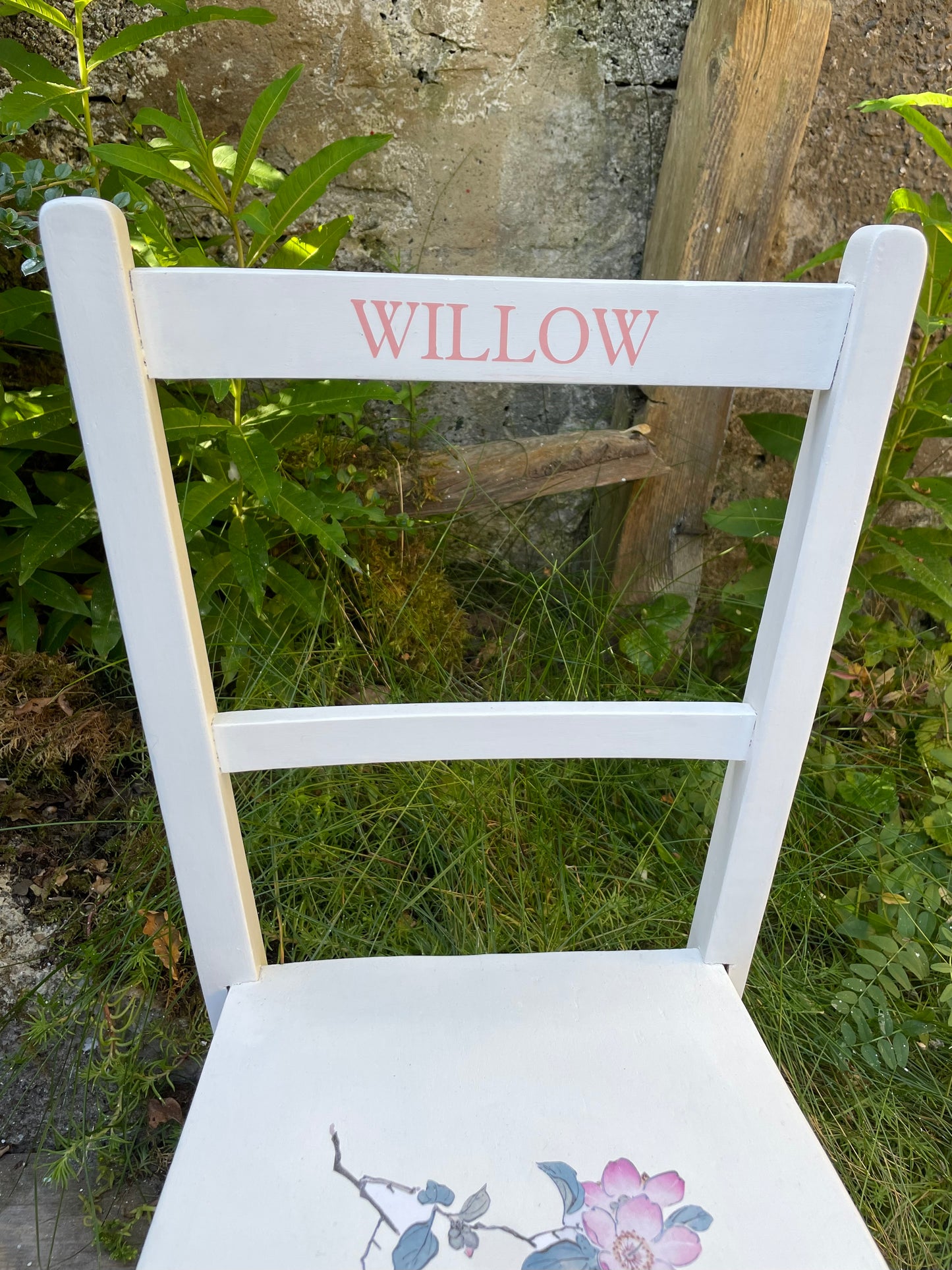 Children's personalised vintage school chair with vintage flower theme.