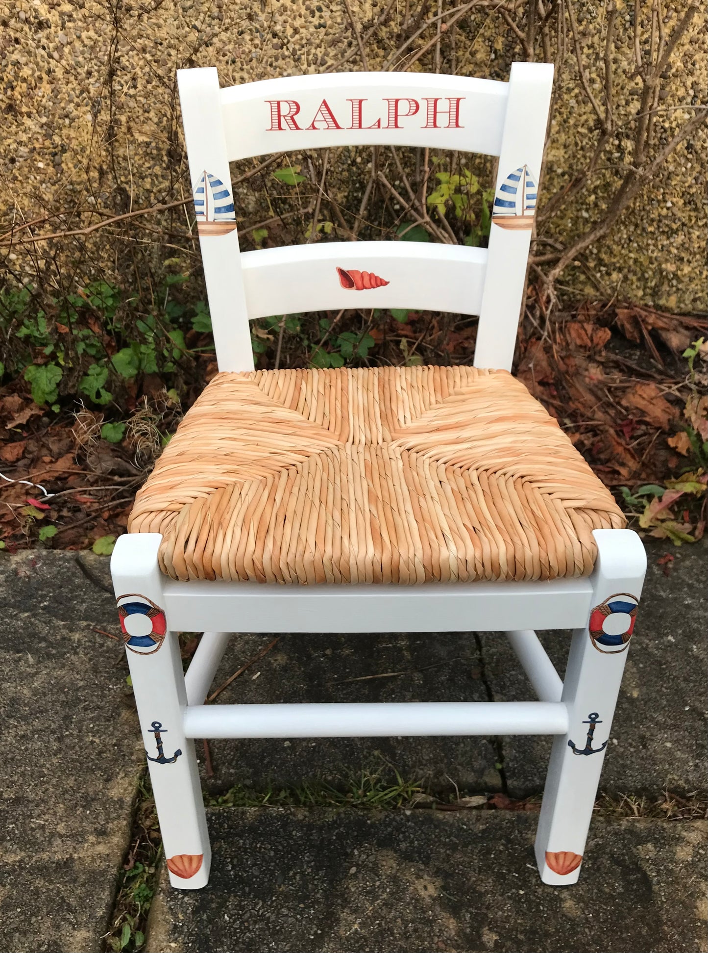 Rush seat personalised children's chair - Beach Life theme - made to order