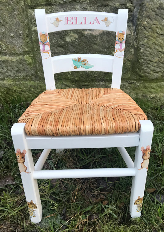 Rush seat personalised children's chair - Little Beatrix Potter Mice Theme - made to order