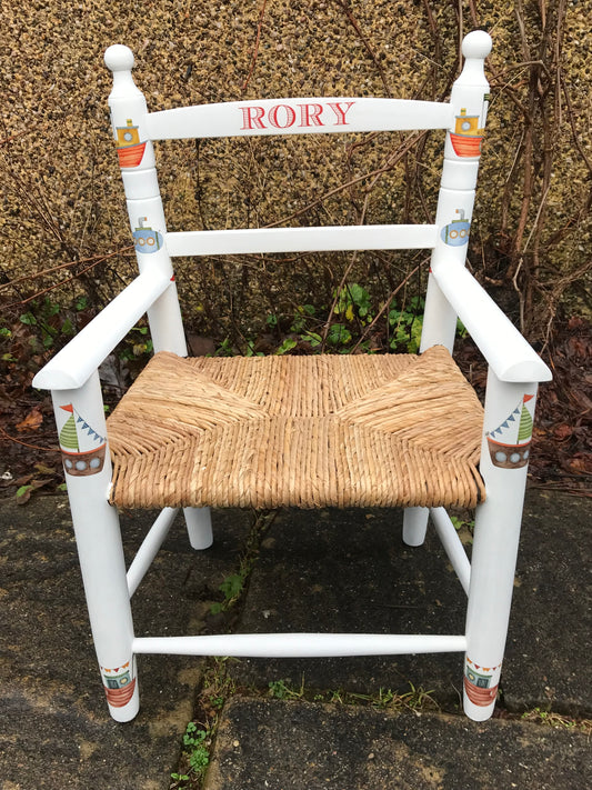 Rush seat personalised children's chair - Boats theme - made to order