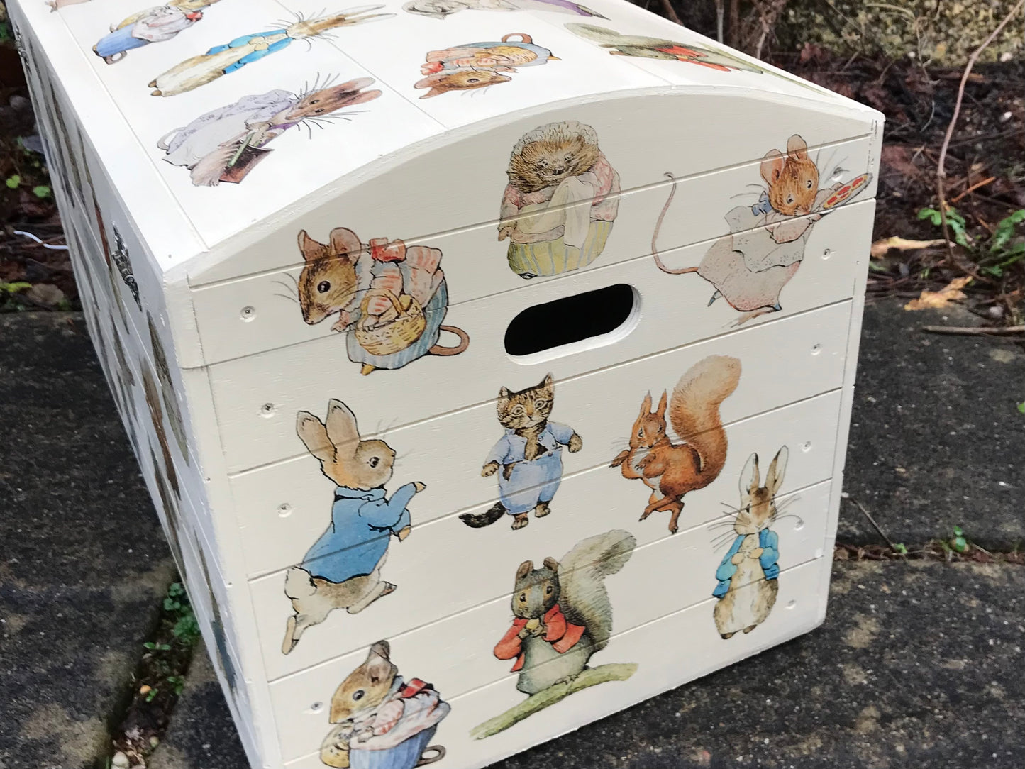 Children's personalised wooden storage chest / trunk with Beatrix Potter theme