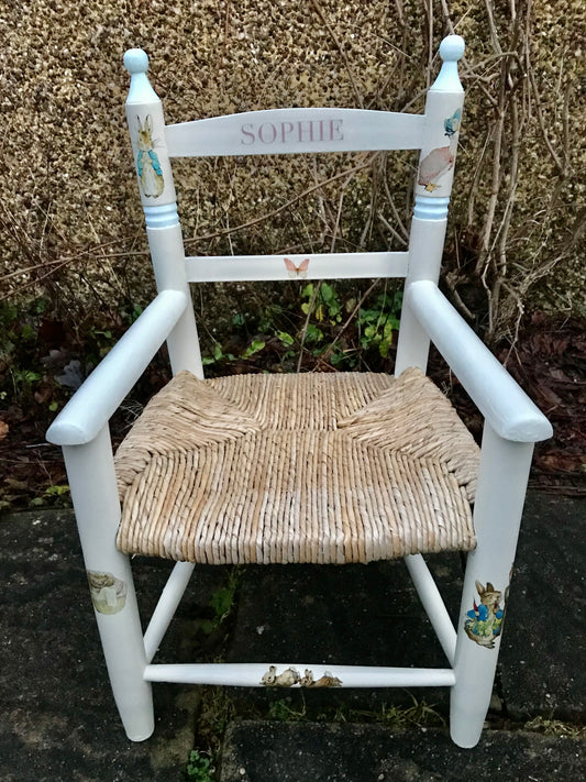 Rush seat personalised children's chair - Strawberry Beatrix theme - made to order