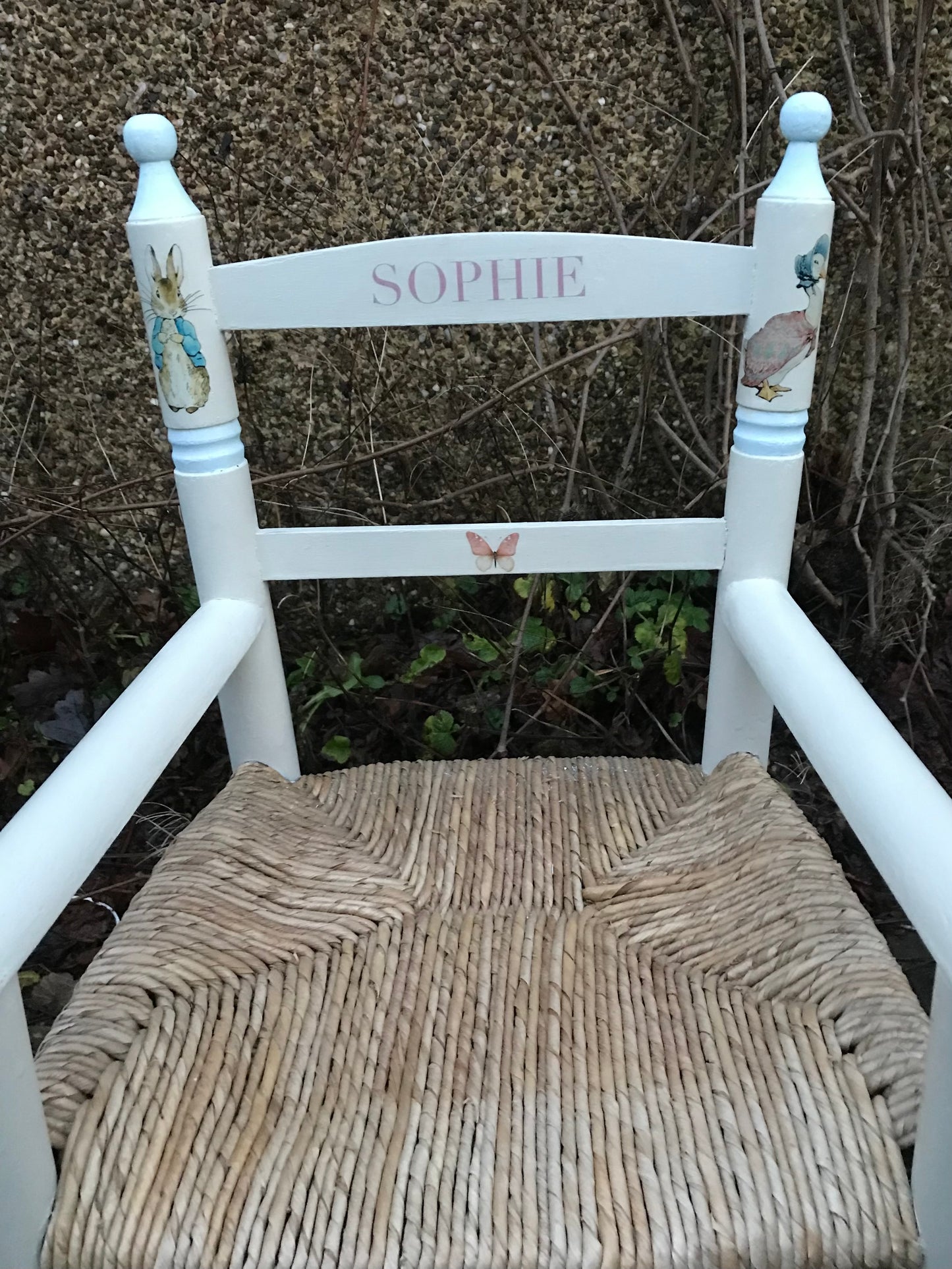 Rush seat personalised children's chair - Strawberry Beatrix theme - made to order