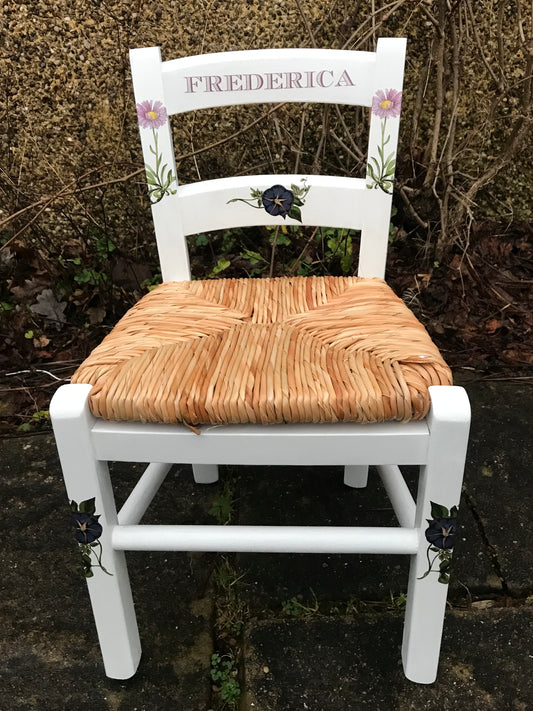 Rush seat personalised children's chair - Flower theme - made to order