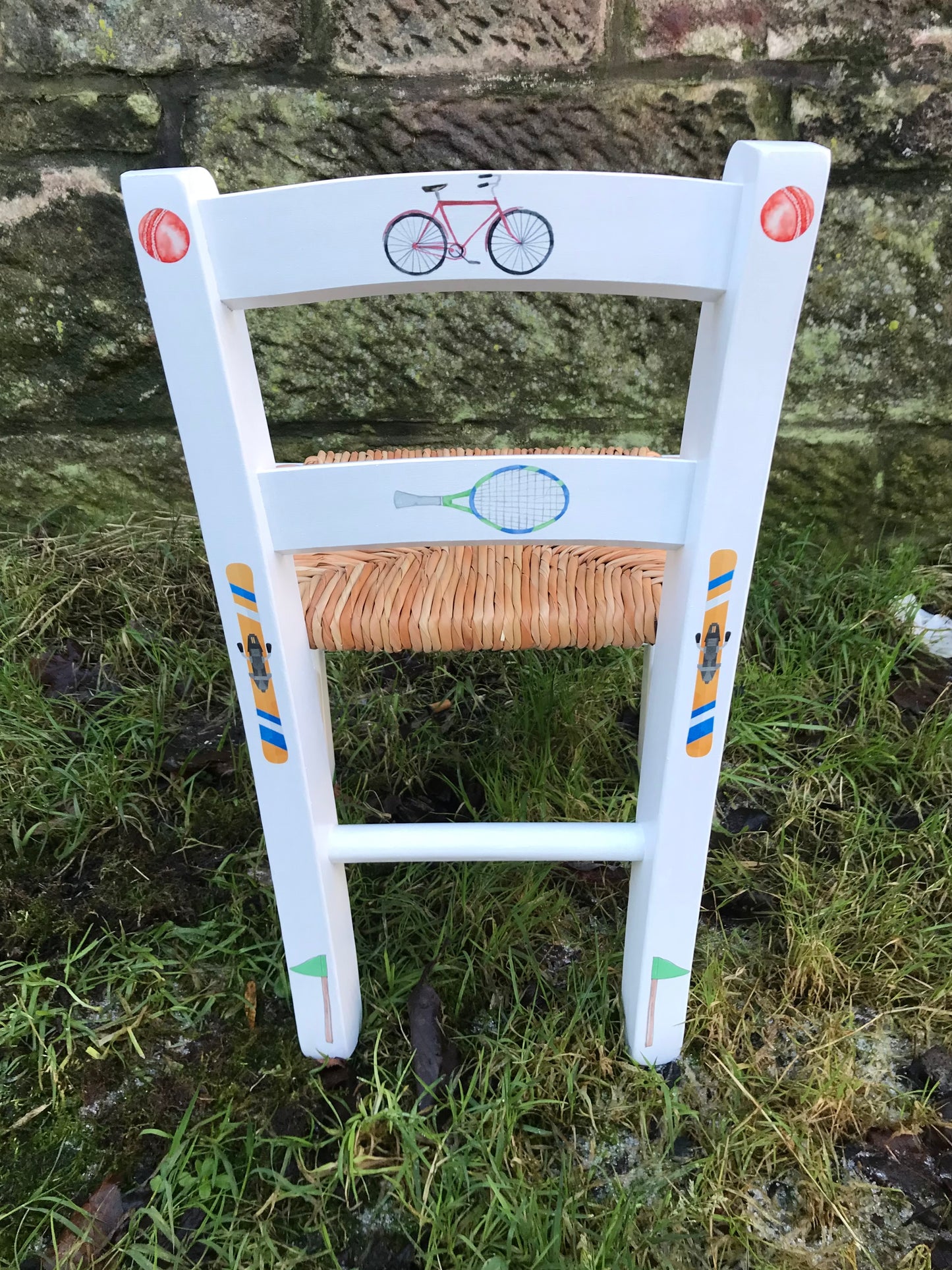 Rush seat personalised children's chair - Sport fan theme - made to order