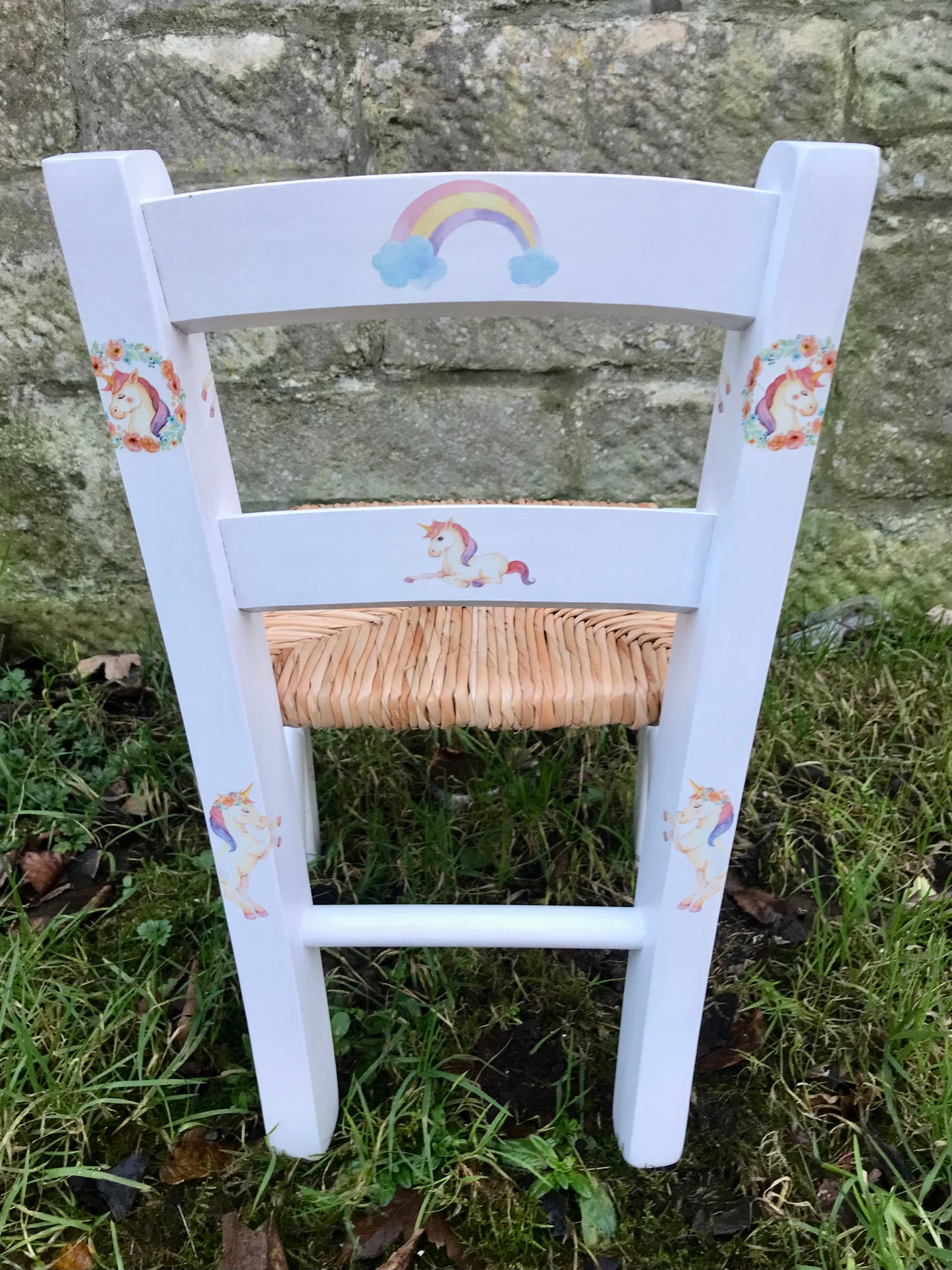 Rush seat personalised children's chair - Unicorn Theme - made to order