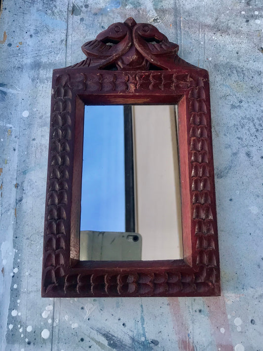 Little carved vintage ornate wooden Indian mirror
